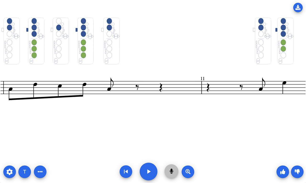 Partitura con imágenes de tablaturas de digitación de saxofón